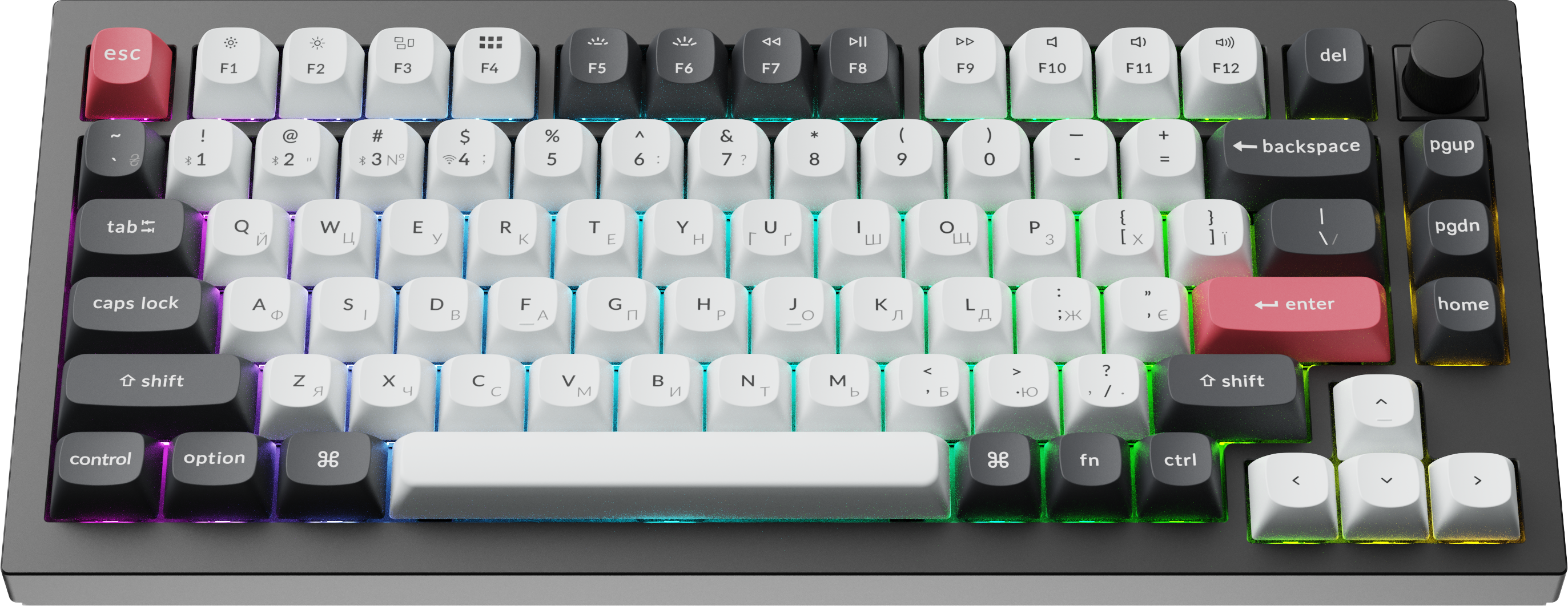 Клавіатура Keychron Q1 HE — вид під кутом із RGB-підсвіткою