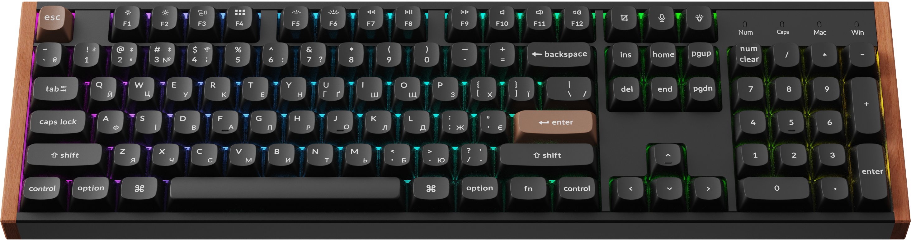 Клавіатура Keychron K10 HE — вид під кутом із RGB-підсвіткою
