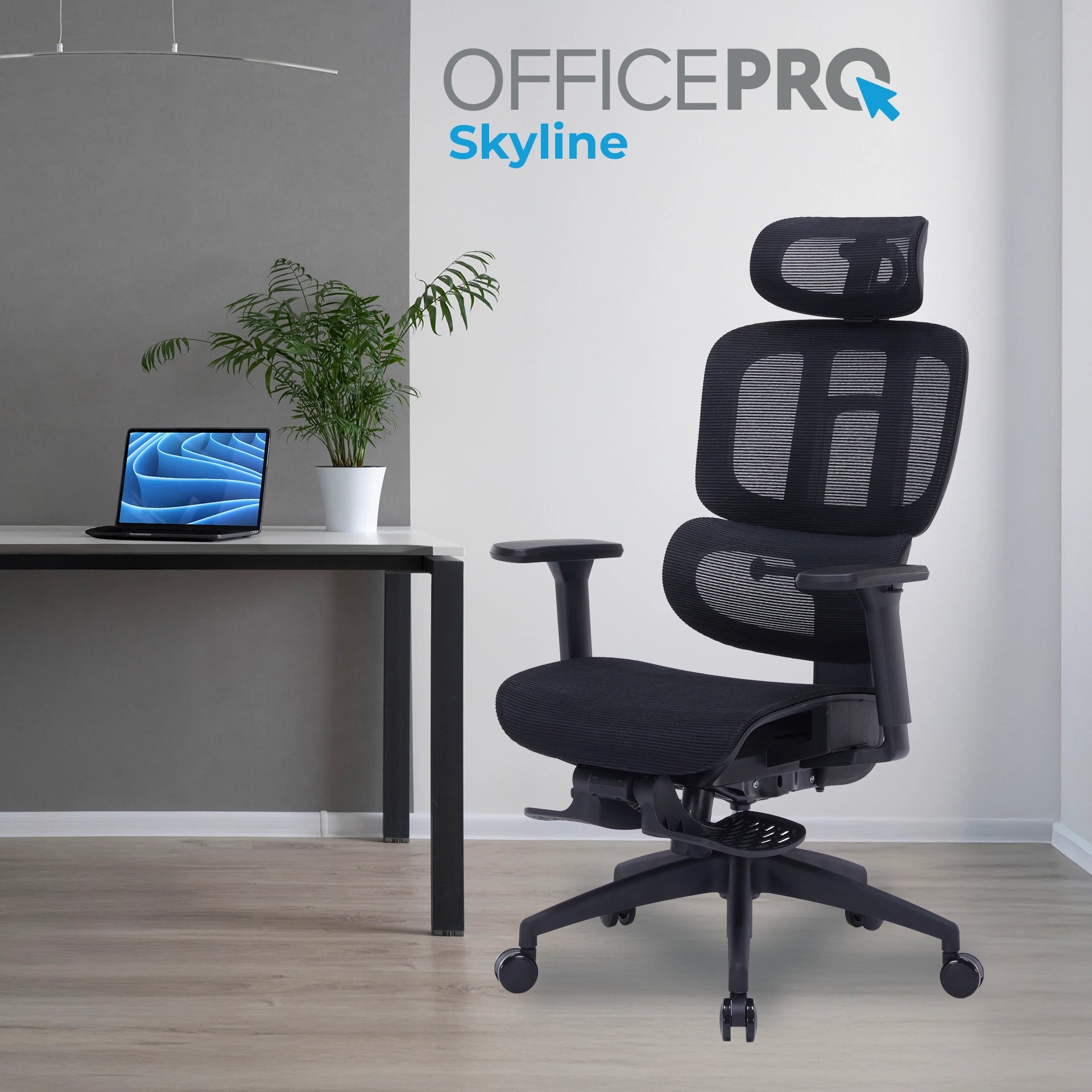 Офісне крісло OfficePro Skyline OC750 чорне з підставкою для ніг, сітка