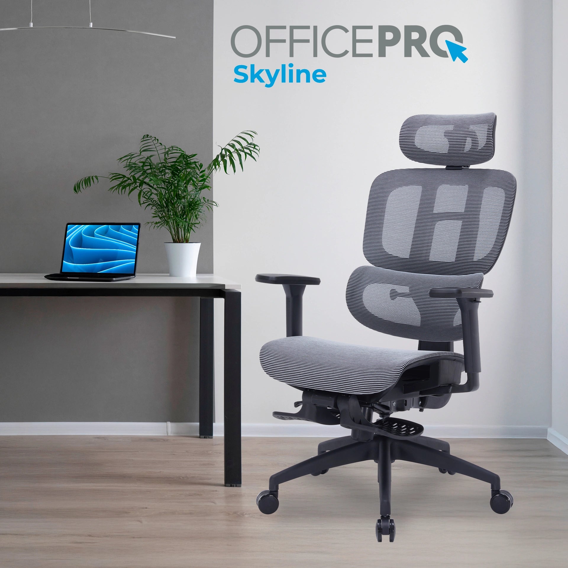 Офісне крісло OfficePro Skyline OC750 чорно-сіре з підставкою для ніг, сітка