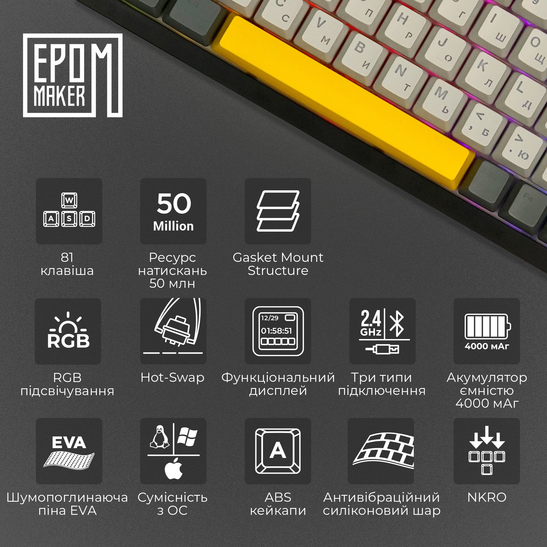 Клавіатура механічна бездротова EPOMAKER AK820 Pro Gift Switch Black (AK820-PRO-B-G)
