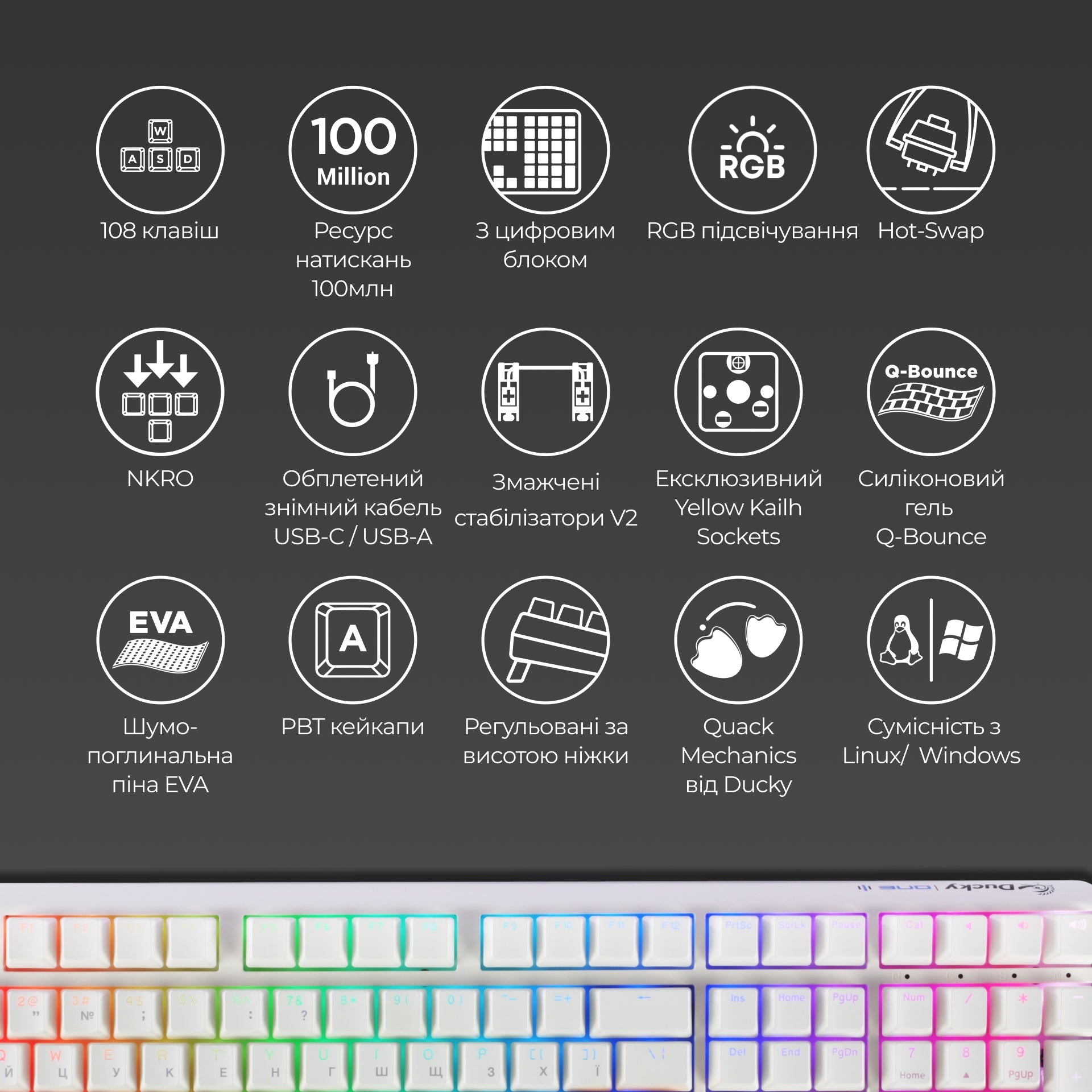 Механічна клавіатура Ducky One 3 RGB White UA