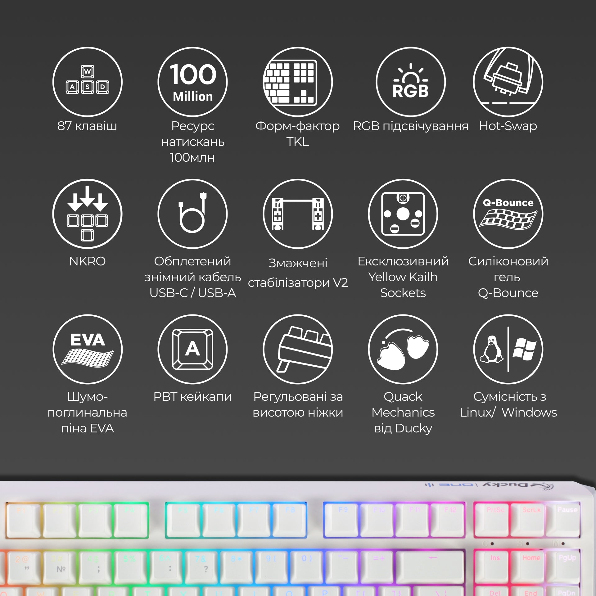 Механічна клавіатура Ducky One 3 TKL RGB White UA