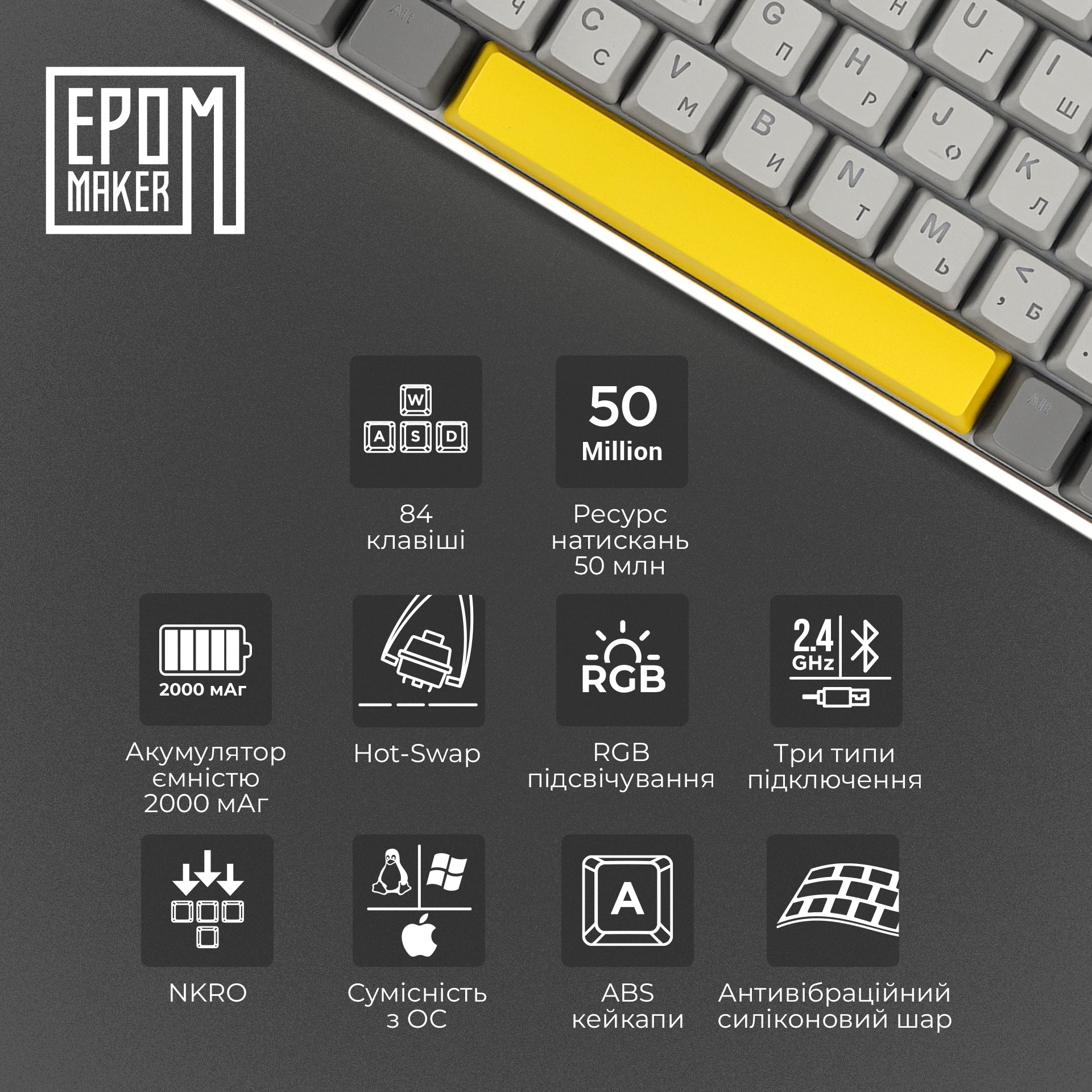 Клавіатура механічна бездротова EPOMAKER EP84 Wisteria Linear White (EP84-W-WL)