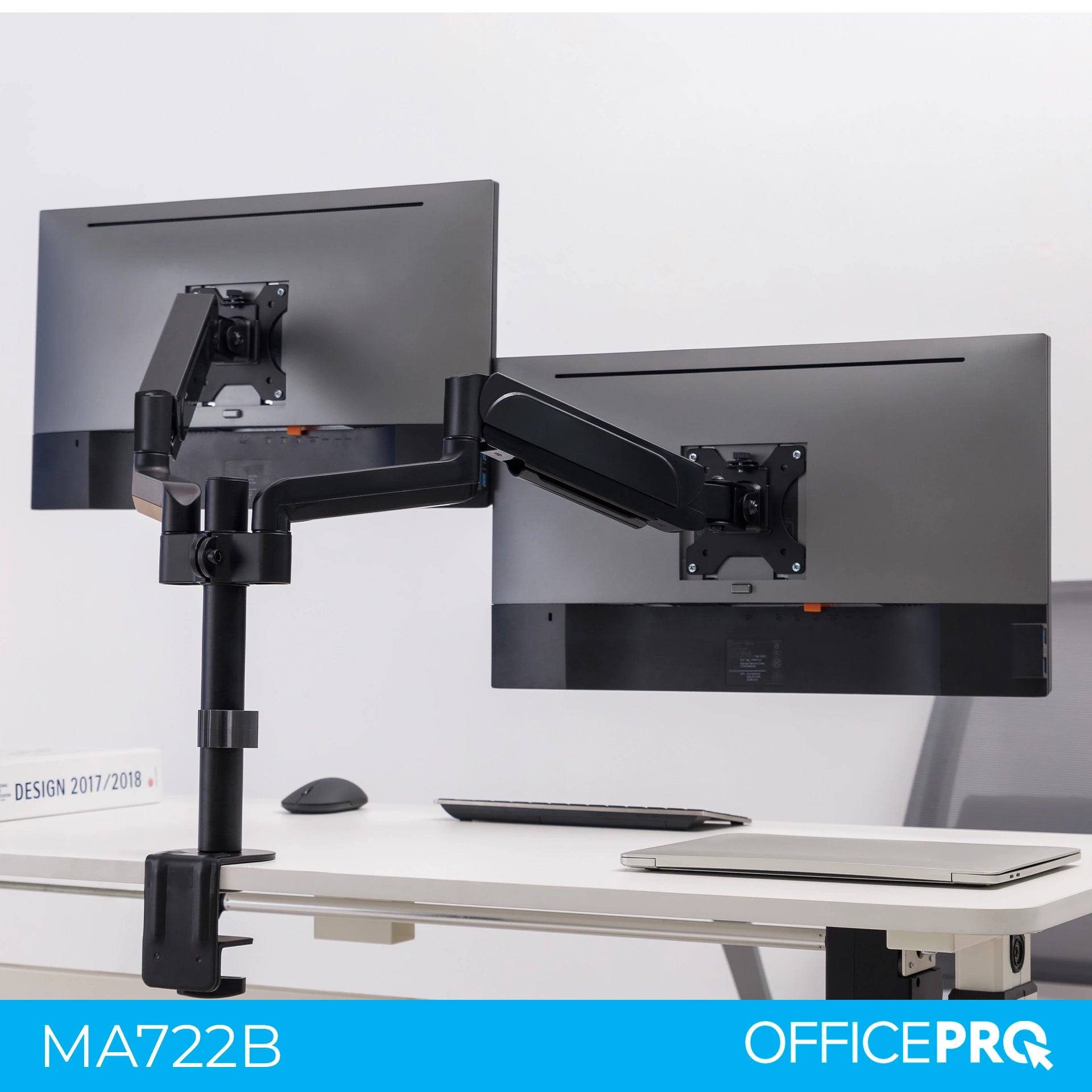 Кронштейн для двох моніторів OfficePro MA722B чорний — два монітори в інтер'єрі, вид спереду