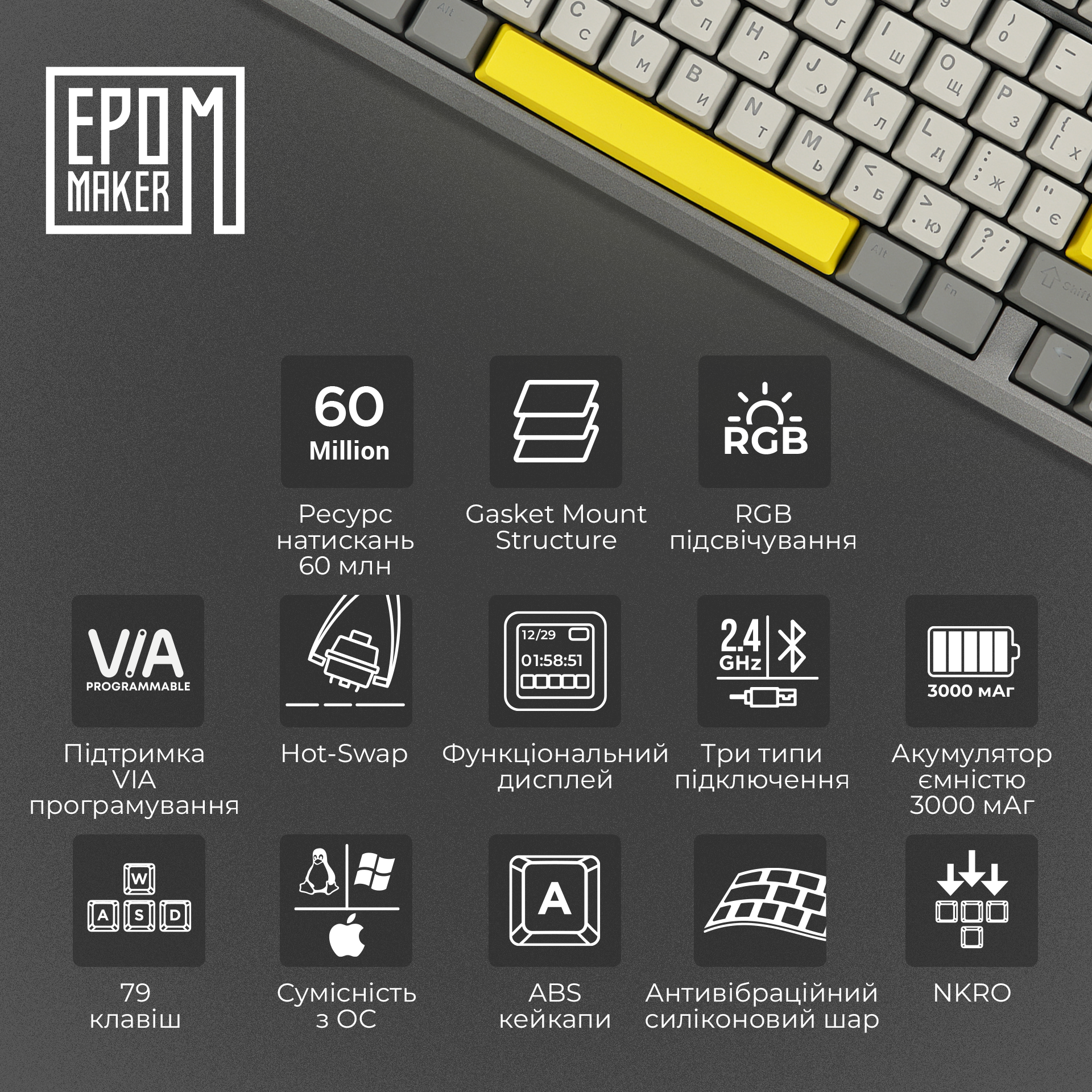 Клавіатура механічна бездротова EPOMAKER TH80 PRO V2 Sea Salt Silent Black (TH80-PROV2-B-SS)