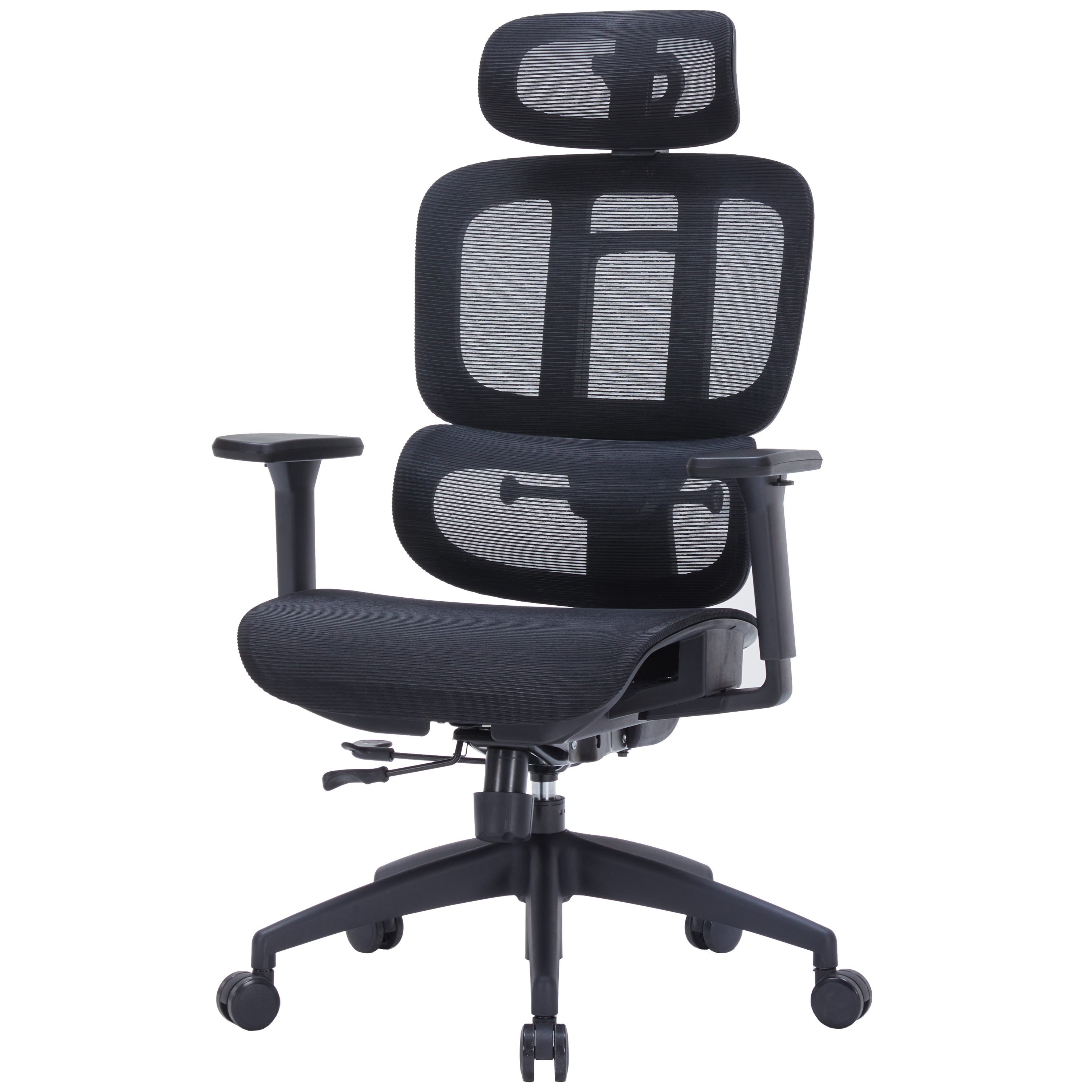 Ергономічне крісло OfficePro Skyline OC680B чорне — вид спереду, повна збірка з підголовником