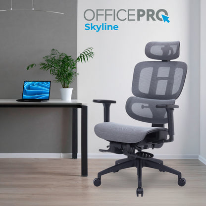 Офісне крісло OfficePro Skyline OC750 чорно-сіре з підставкою для ніг, сітка