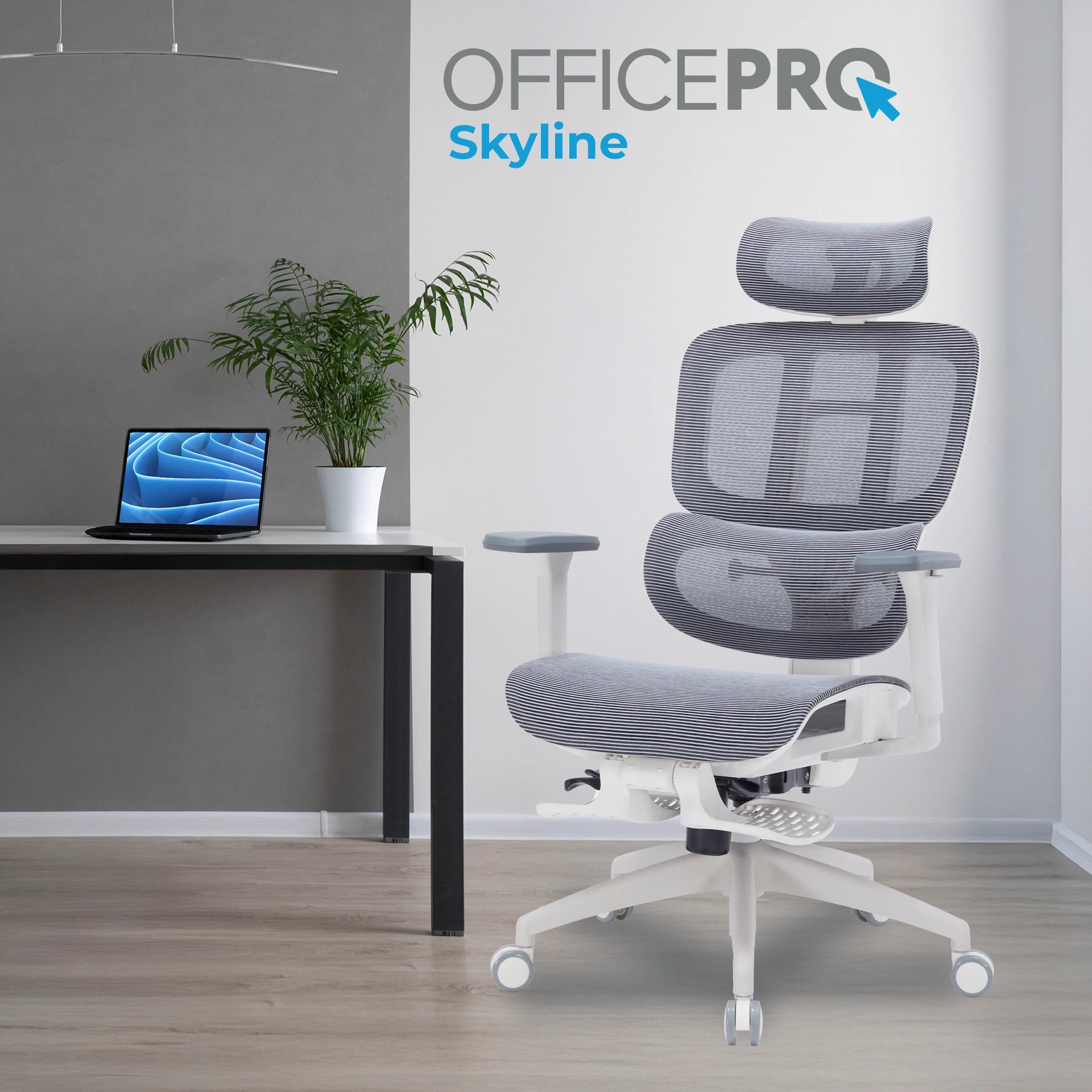 Офісне крісло OfficePro Skyline OC750 біло-сіре з підставкою для ніг, сітка