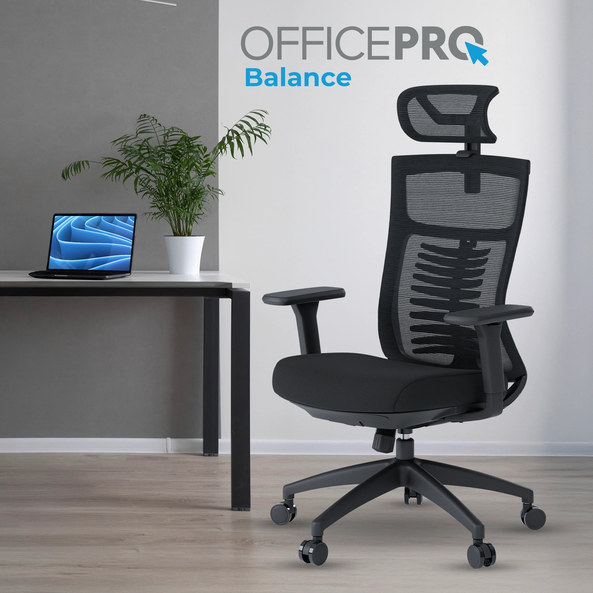 Ергономічне офісне крісло OfficePro Balance OC550 чорне з сітчастою спинкою
