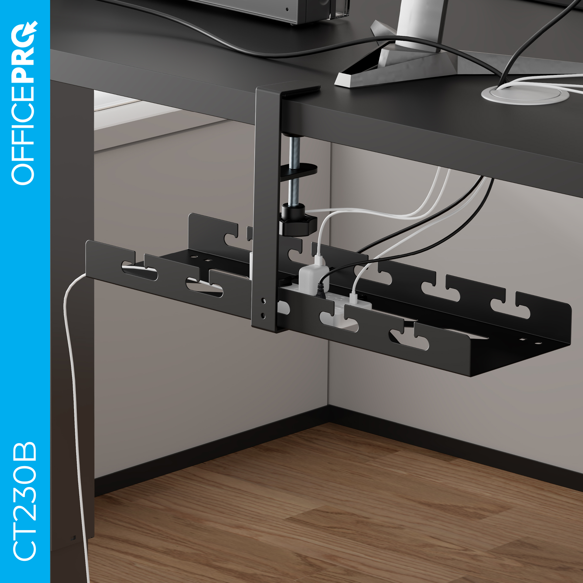 Органайзер для кабелів OfficePro CT230B — встановлений під столом в інтер'єрі