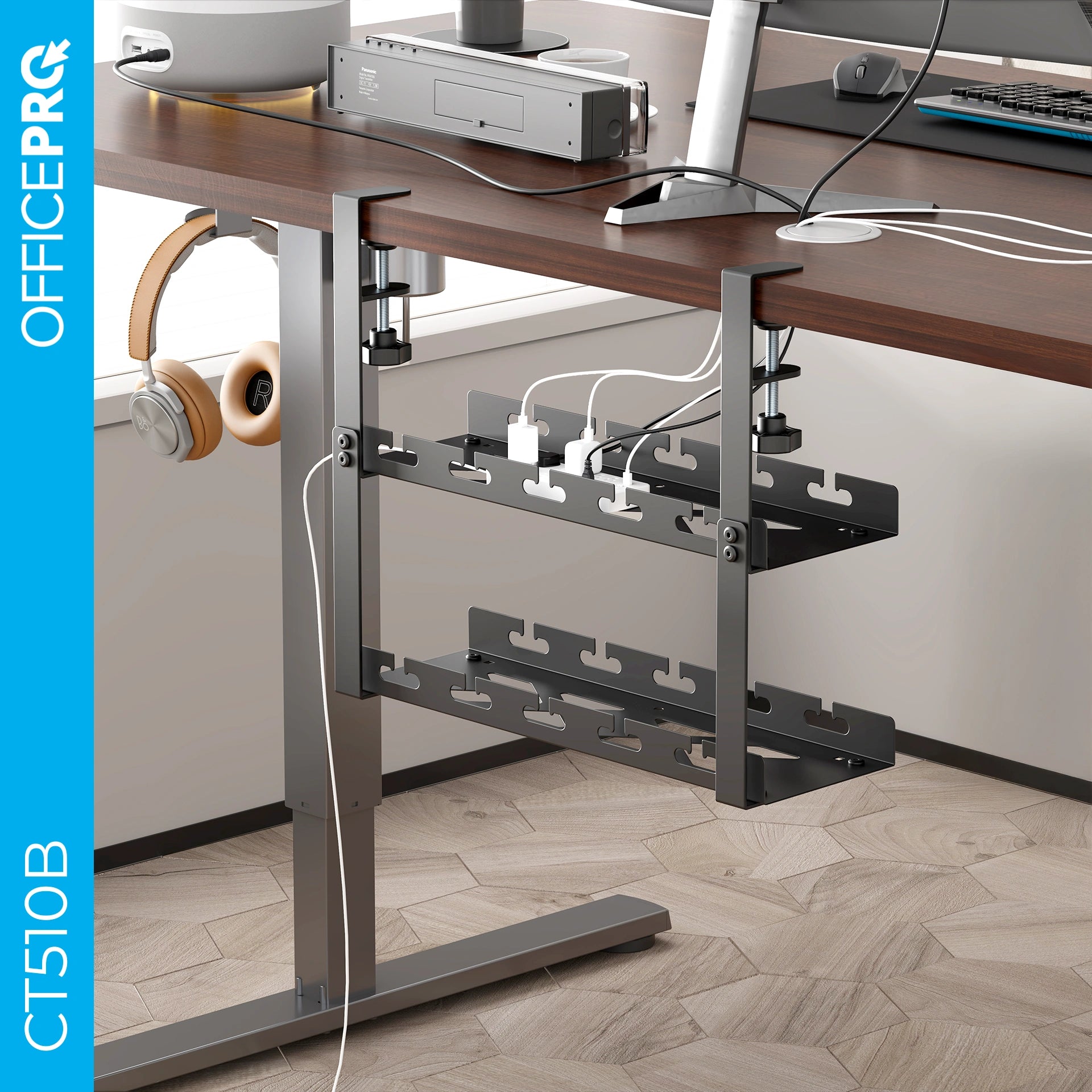 Органайзер для кабелів OfficePro CT510B — встановлений під столом в інтер'єрі