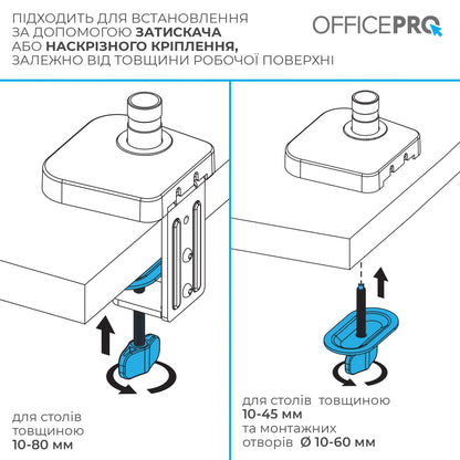 Кронштейн OfficePro MA441W білий — схема монтажу затиску та через отвір