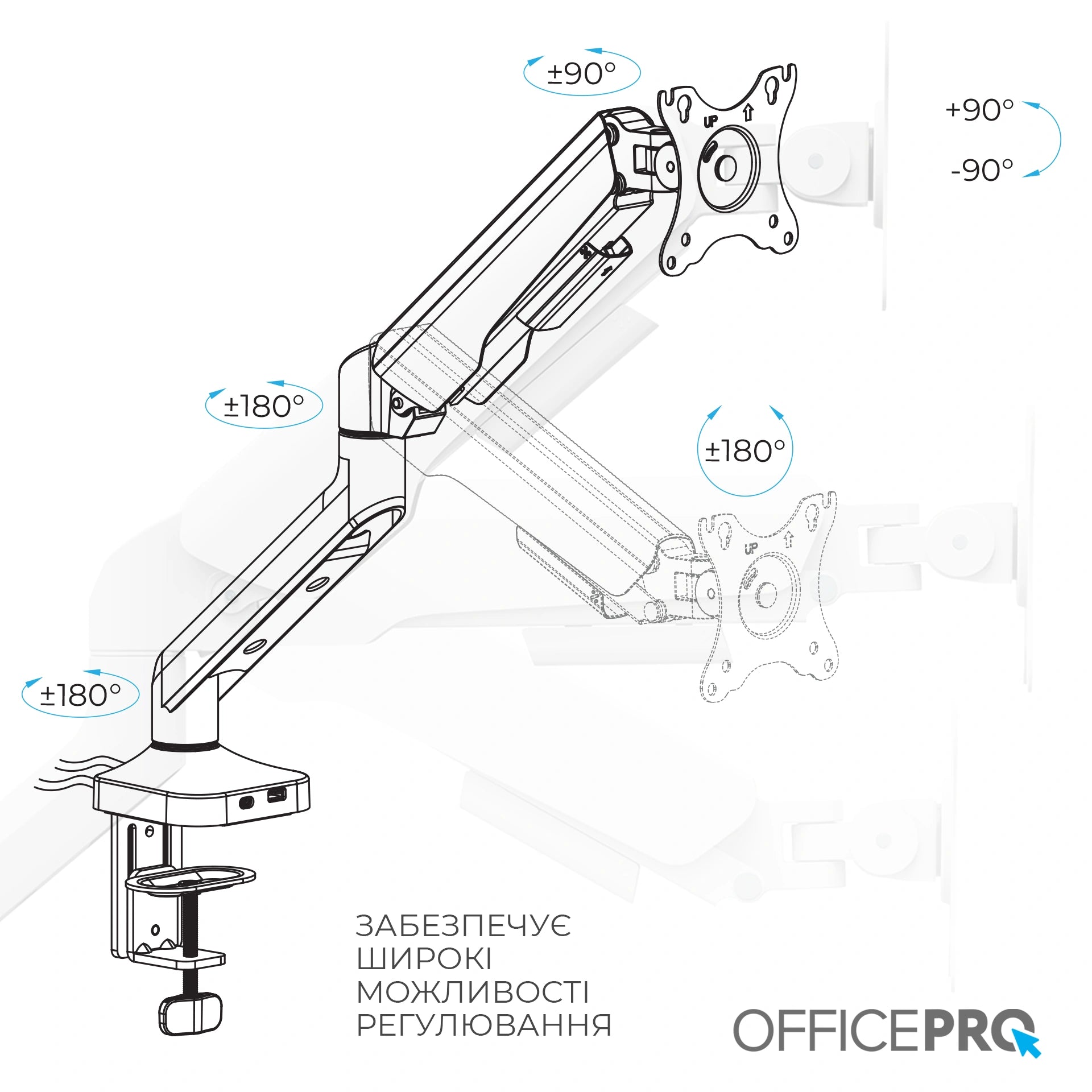 Кронштейн для монітора OfficePro MA451W білий — рука збоку, прокладка кабелю