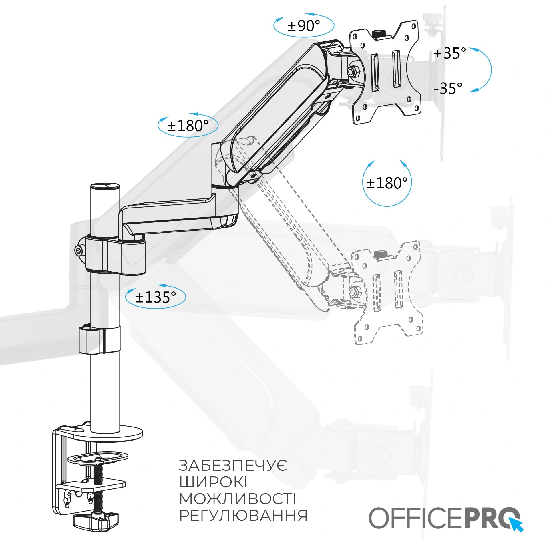 Кронштейн для монітора OfficePro MA721B чорний — шарнір і прокладка кабелю крупним планом