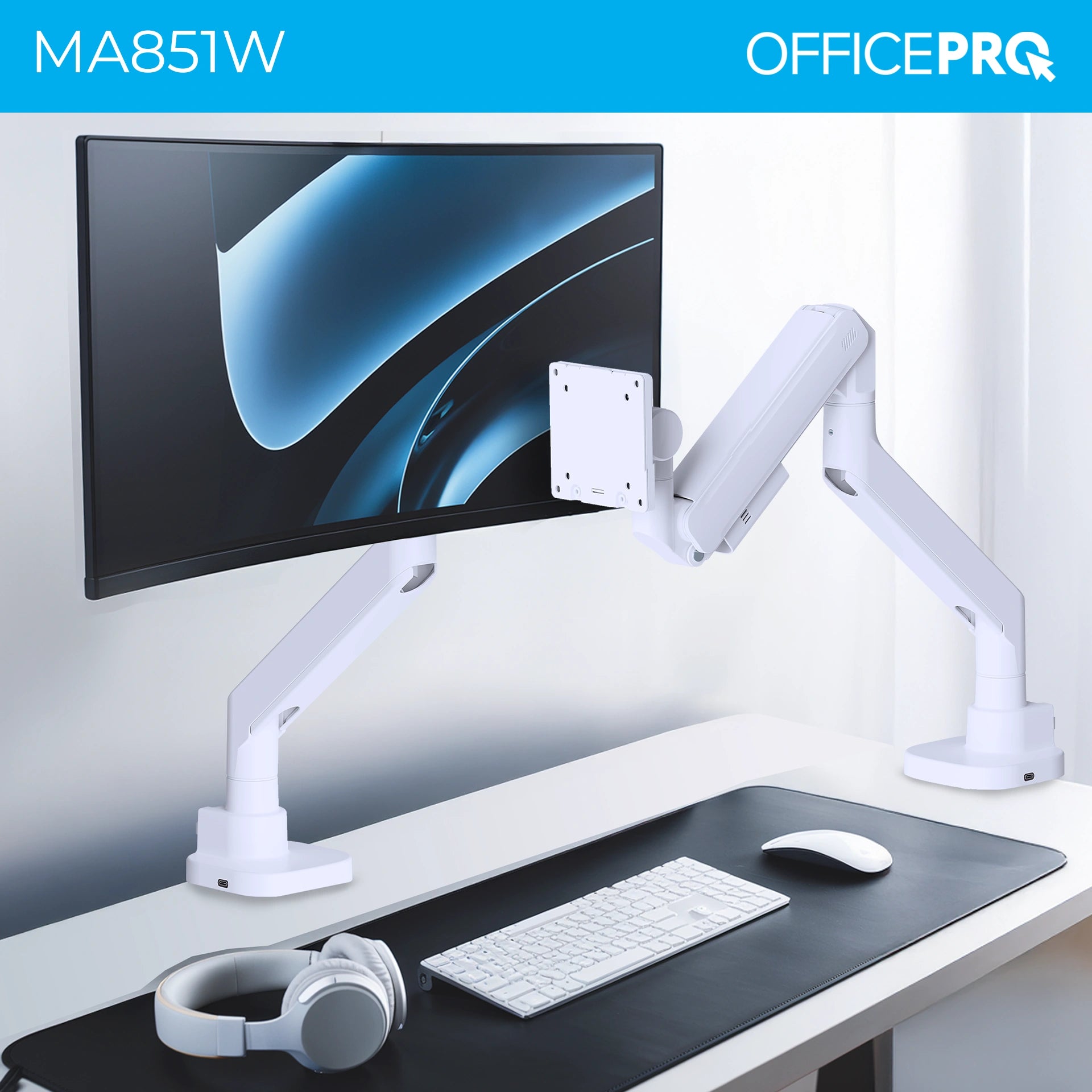 Кронштейн OfficePro MA851W білий — монітор спереду на столі