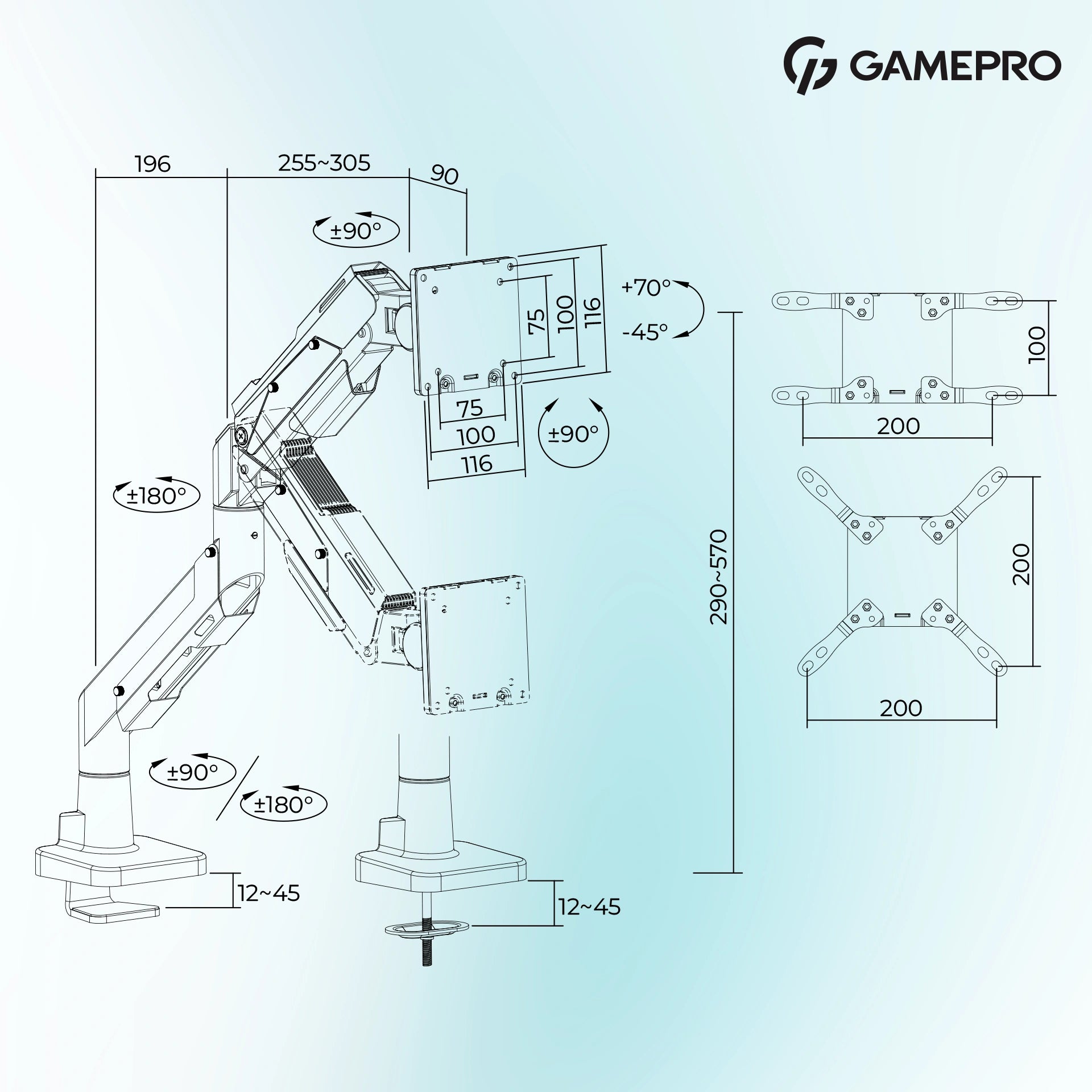 Кронштейн GamePro MAG701WBL біло-синій — схема габаритів