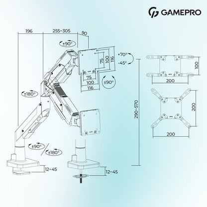 Кронштейн GamePro MAG701WBL біло-синій — схема габаритів