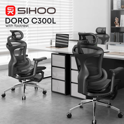 Кресло офисное с подставкой для ног Sihoo DORO C300L Mesh Black with footrest