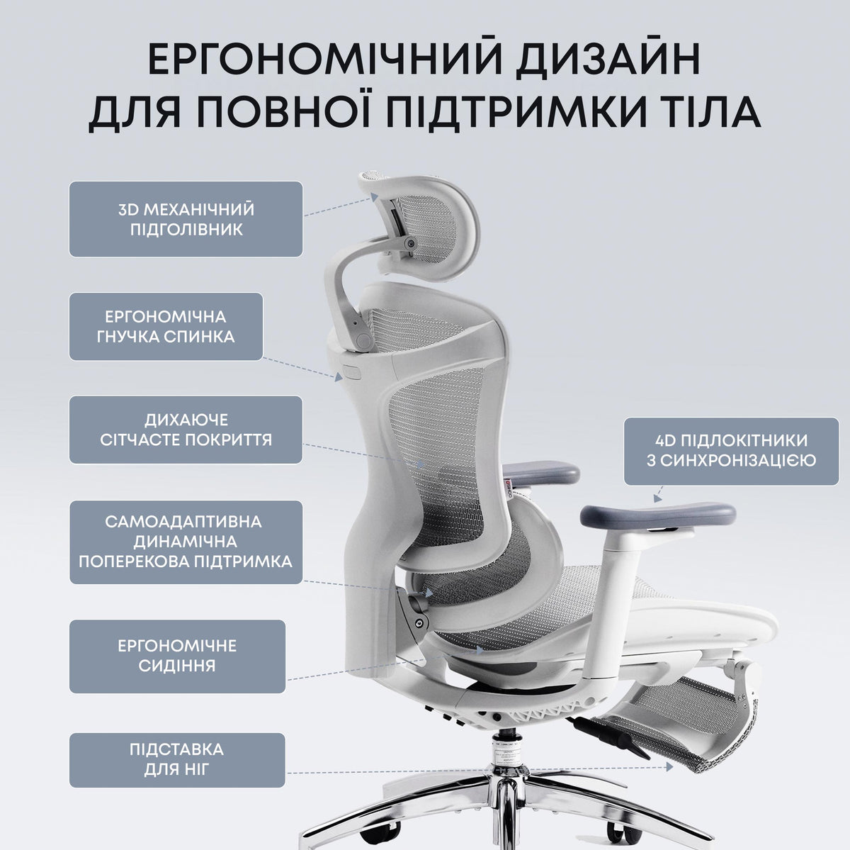 Кресло офисное с подставкой для ног Sihoo DORO C300L Mesh White with footrest