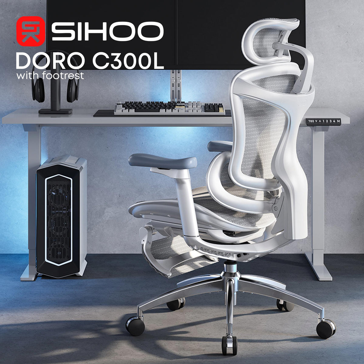 Кресло офисное с подставкой для ног Sihoo DORO C300L Mesh White with footrest